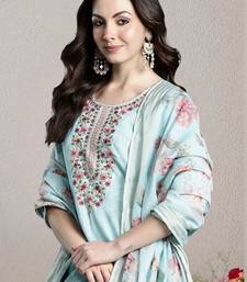 Women Floral Embroidered Regular Thread Work Linen Kurta with Trousers & With Dupatta