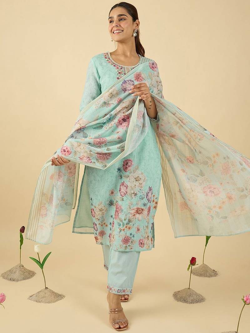 Women Floral Embroidered Regular Thread Work Linen Kurta with Trousers & With Dupatta
