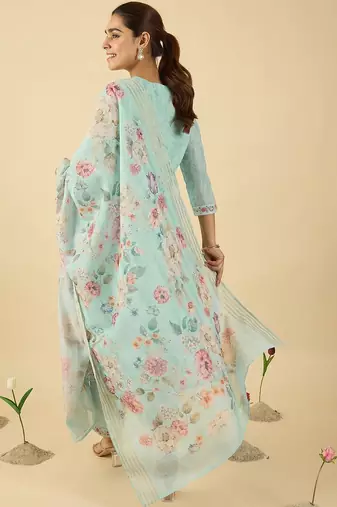 Women Floral Embroidered Regular Thread Work Linen Kurta with Trousers & With Dupatta