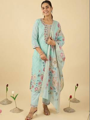 Women Floral Embroidered Regular Thread Work Linen Kurta with Trousers & With Dupatta 5