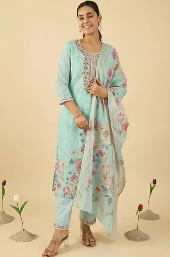 Women Floral Embroidered Regular Thread Work Linen Kurta with Trousers & With Dupatta