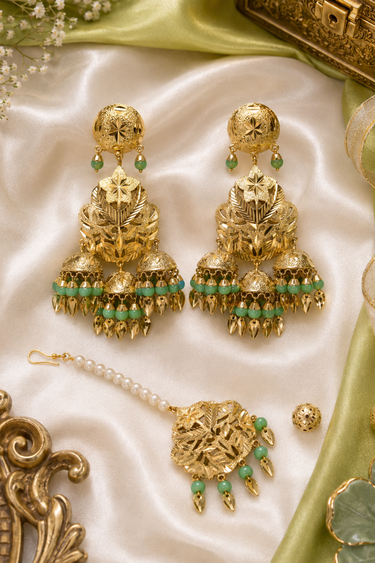 Parrot green leaf work earrings tikka set