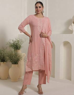 Women Ethnic Motifs Embroidered Cotton Kurta with Trousers & Dupatta 1