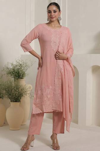 Women Ethnic Motifs Embroidered Cotton Kurta with Trousers & Dupatta
