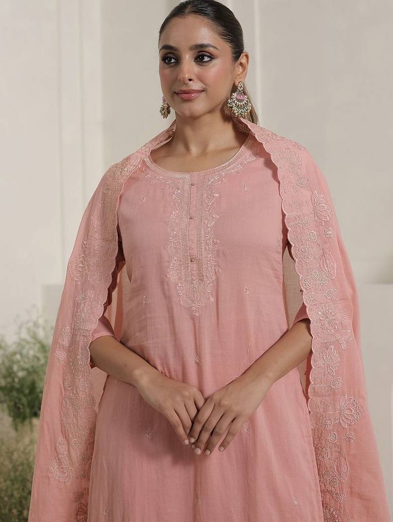 Women Ethnic Motifs Embroidered Cotton Kurta with Trousers & Dupatta