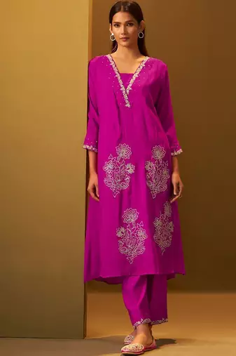 Women Floral Embroidered A-Line Kurta with Trousers
