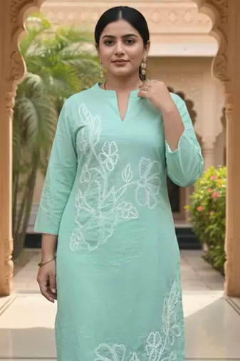 Floral Embroidered Thread Work Pure Cotton Kurta With Trousers