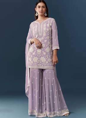Lavendar georgette embroidered kurta sharara set 1