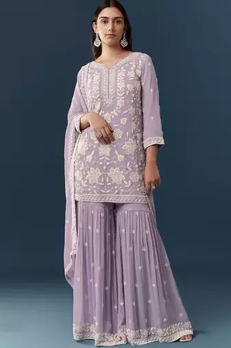 Lavendar georgette embroidered kurta sharara set