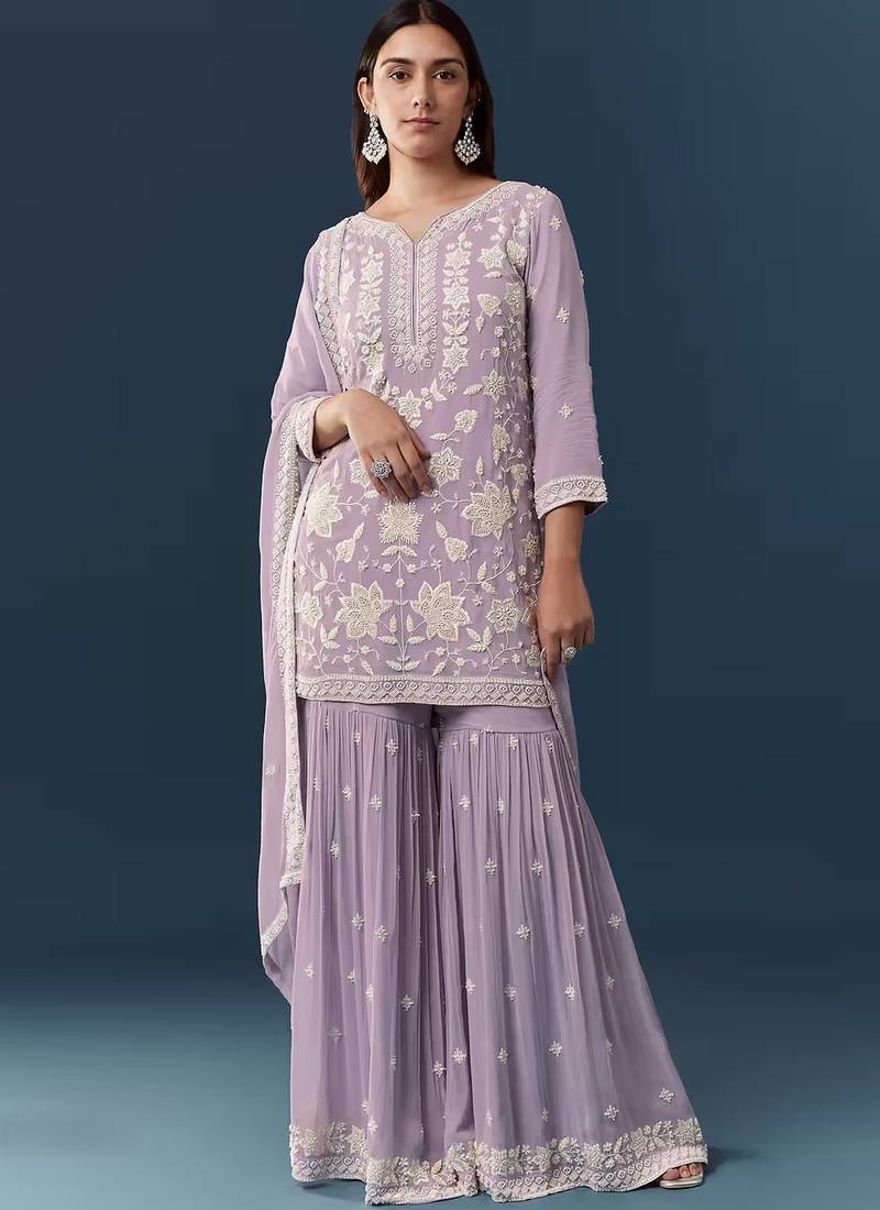 Lavendar georgette embroidered kurta sharara set