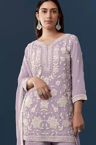 Lavendar georgette embroidered kurta sharara set
