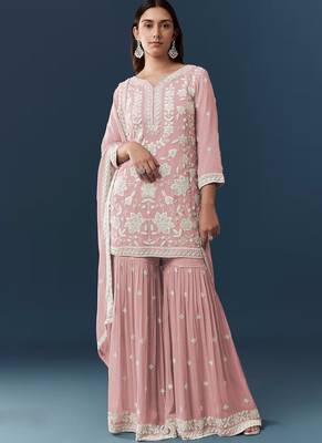 Peach georgette embroidered kurta sharara set 1