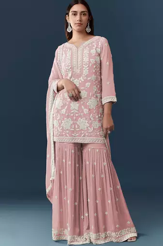 Peach georgette embroidered kurta sharara set