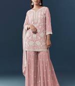 Peach georgette embroidered kurta sharara set