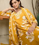 Floral Printed V-Neck Pure Cotton Straight Kurta With Trousers & Dupatta