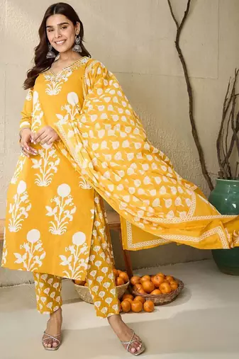 Floral Printed V-Neck Pure Cotton Straight Kurta With Trousers & Dupatta