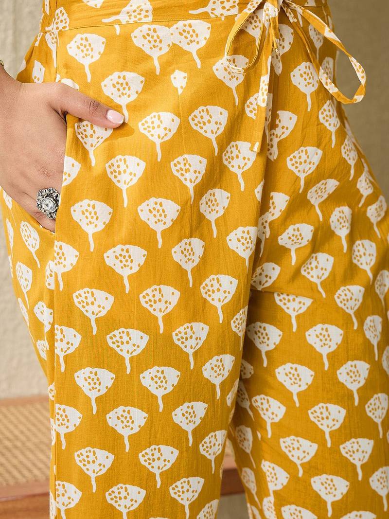 Floral Printed V-Neck Pure Cotton Straight Kurta With Trousers & Dupatta