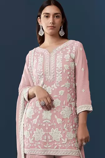 Peach georgette embroidered kurta sharara set