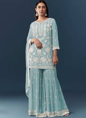 Sky blue georgette embroidered kurta sharara set 1