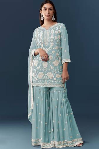 Sky blue georgette embroidered kurta sharara set