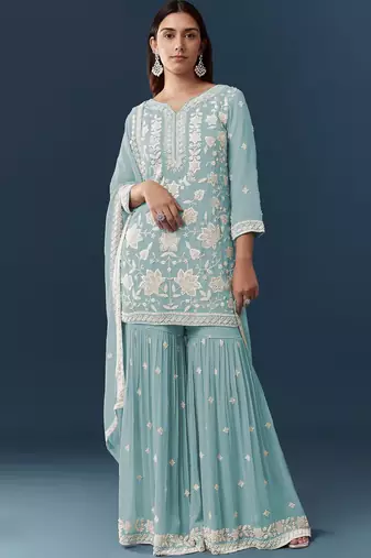 Sky blue georgette embroidered kurta sharara set