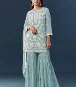 Sky blue georgette embroidered kurta sharara set