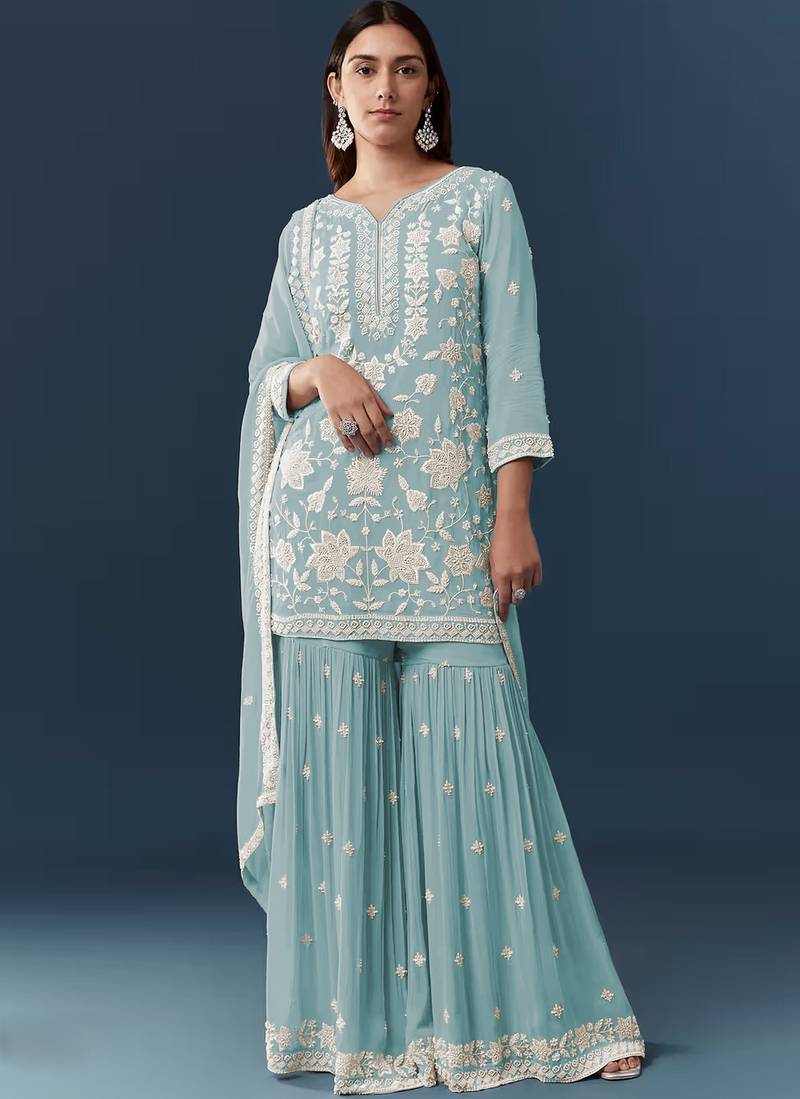 Sky blue georgette embroidered kurta sharara set