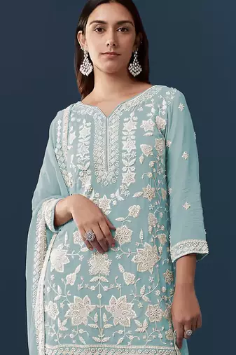 Sky blue georgette embroidered kurta sharara set