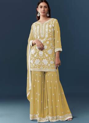 Yellow georgette embroidered kurta sharara set 1