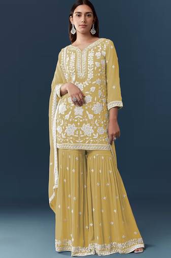 Yellow georgette embroidered kurta sharara set