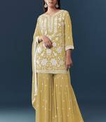 Yellow georgette embroidered kurta sharara set