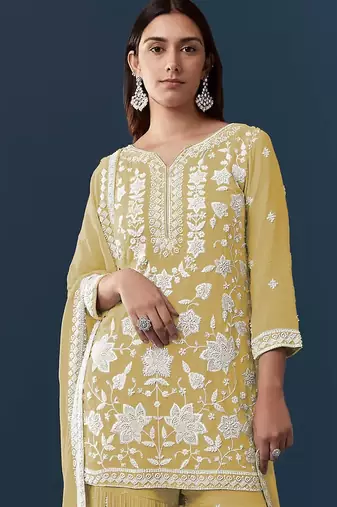 Yellow georgette embroidered kurta sharara set