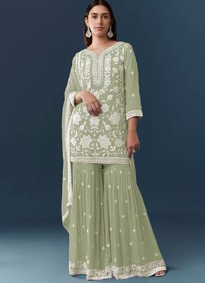 Pista georgette embroidered kurta sharara set 1