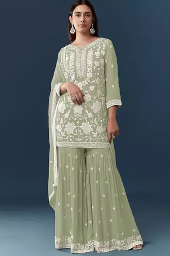 Pista georgette embroidered kurta sharara set