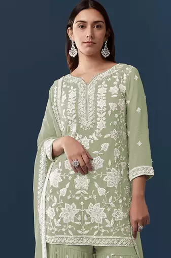Pista georgette embroidered kurta sharara set