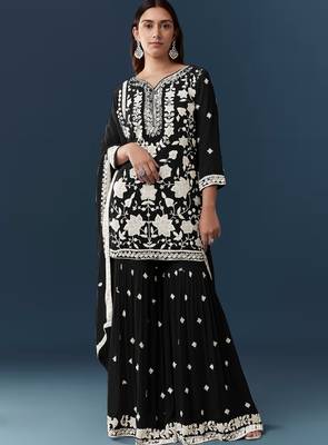 Black georgette embroidered kurta sharara set 1