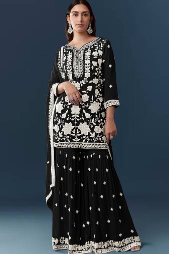 Black georgette embroidered kurta sharara set