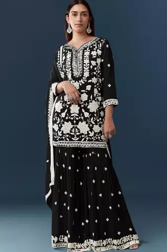 Black georgette embroidered kurta sharara set