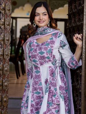 Floral Printed Empire Pure Cotton Anarkali Kurta With Trouser & Dupatta 1