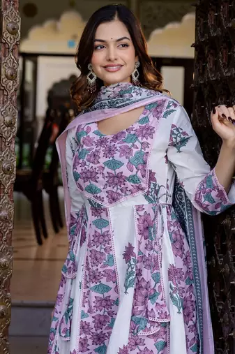 Floral Printed Empire Pure Cotton Anarkali Kurta With Trouser & Dupatta