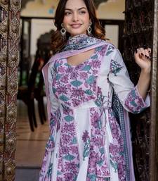 Floral Printed Empire Pure Cotton Anarkali Kurta With Trouser & Dupatta