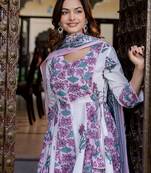 Floral Printed Empire Pure Cotton Anarkali Kurta With Trouser & Dupatta