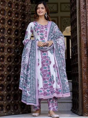 Floral Printed Empire Pure Cotton Anarkali Kurta With Trouser & Dupatta 2