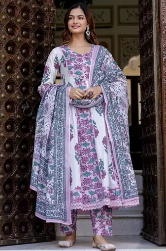 Floral Printed Empire Pure Cotton Anarkali Kurta With Trouser & Dupatta
