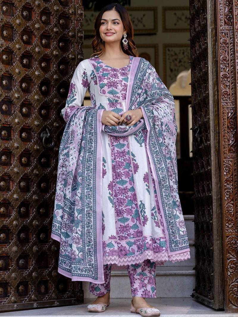 Floral Printed Empire Pure Cotton Anarkali Kurta With Trouser & Dupatta