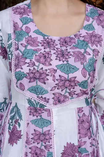 Floral Printed Empire Pure Cotton Anarkali Kurta With Trouser & Dupatta