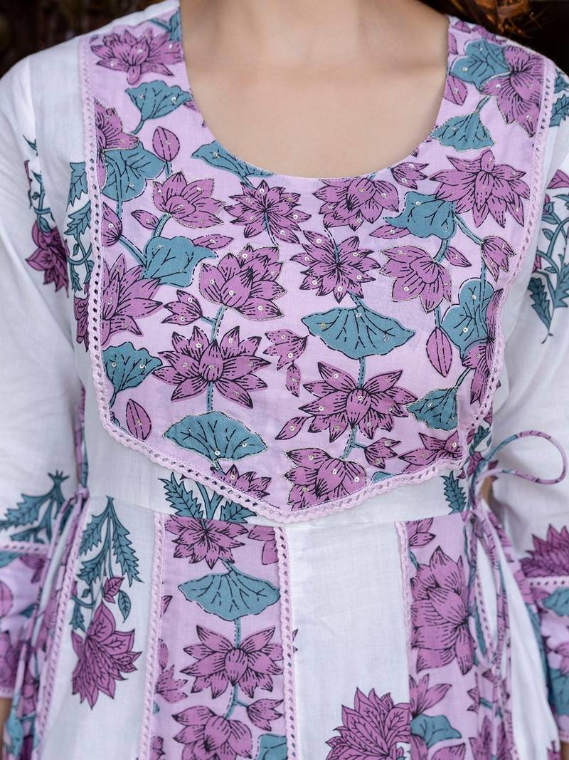 Floral Printed Empire Pure Cotton Anarkali Kurta With Trouser & Dupatta