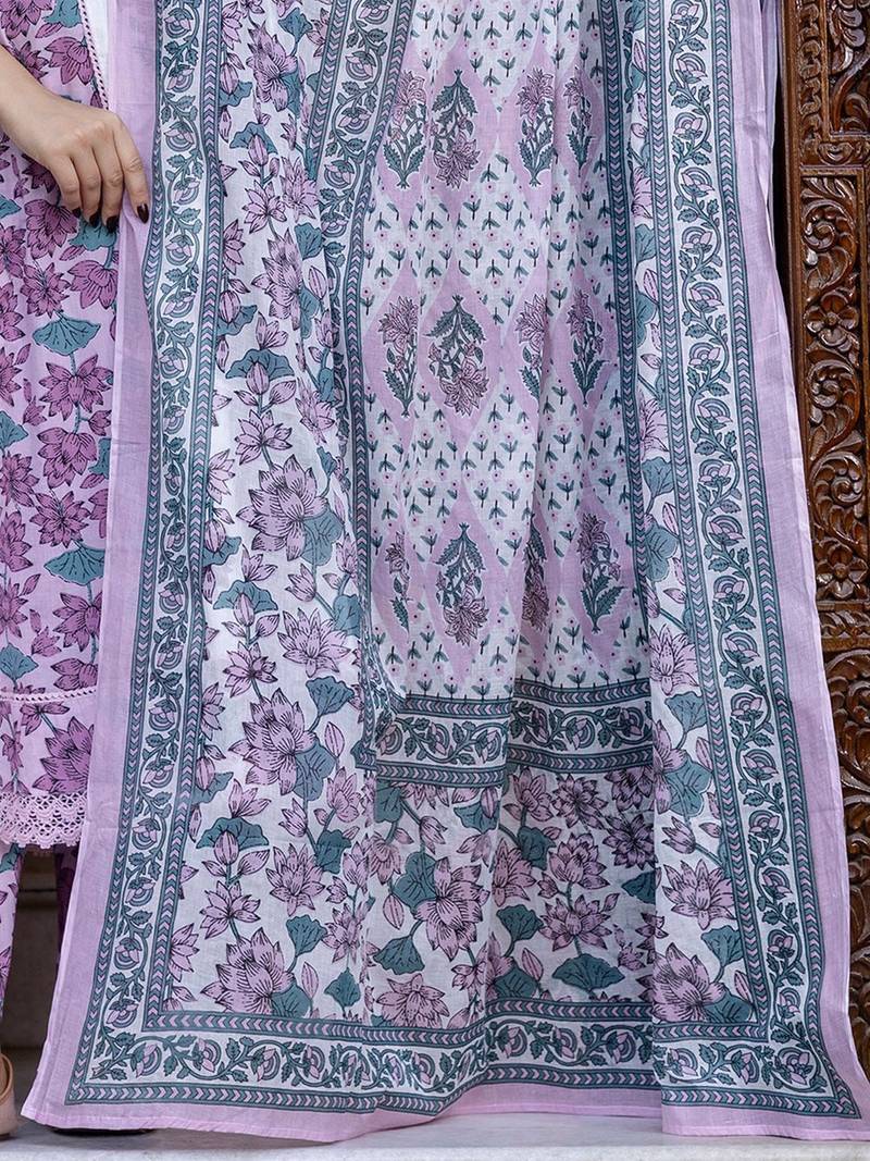 Floral Printed Empire Pure Cotton Anarkali Kurta With Trouser & Dupatta