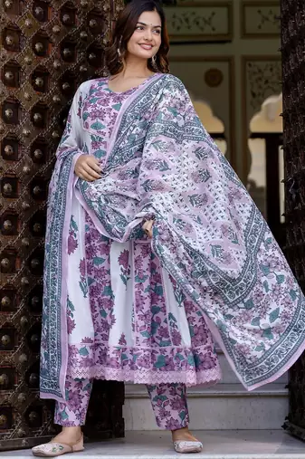 Floral Printed Empire Pure Cotton Anarkali Kurta With Trouser & Dupatta