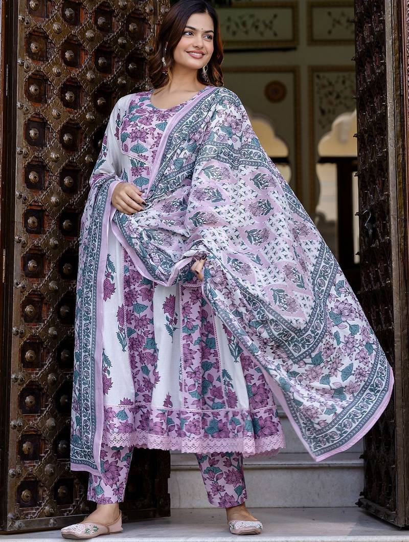 Floral Printed Empire Pure Cotton Anarkali Kurta With Trouser & Dupatta
